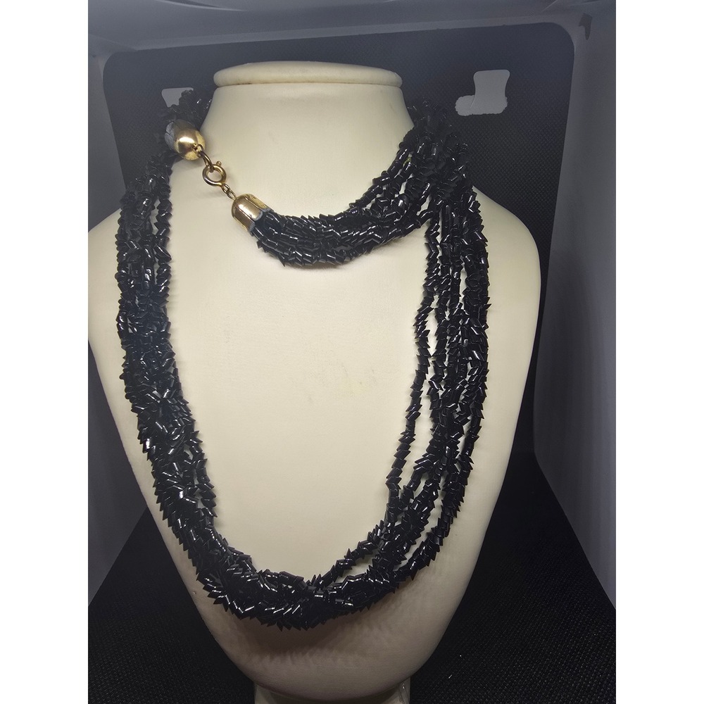 Vintage Multi Strand Black Bugle Bead Necklace Gold Tone Clasp Estate Jewelry